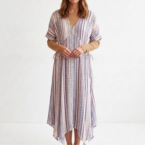 Striped V-Neck Midi Kaftan Dress in Soft Pastel Stripes